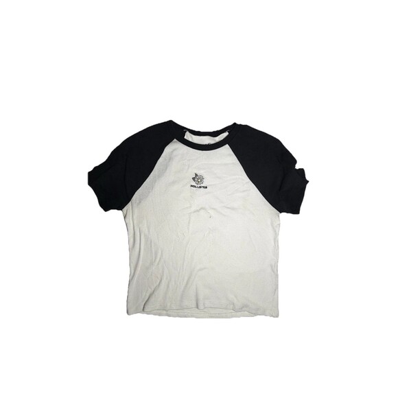 Hollister Raglan Short Sleeve Baby Tee Juniors Large White Black Crew Neck Crop - Picture 2 of 5
